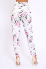 White Floral Paper Bag Tie Waist Cigarette Trousers - Jana