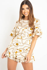 White Chain Print Ruffle Sleeve Playsuit - Parrish
