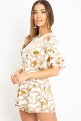 White Chain Print Ruffle Sleeve Playsuit - Parrish