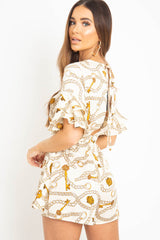 White Chain Print Ruffle Sleeve Playsuit - Parrish
