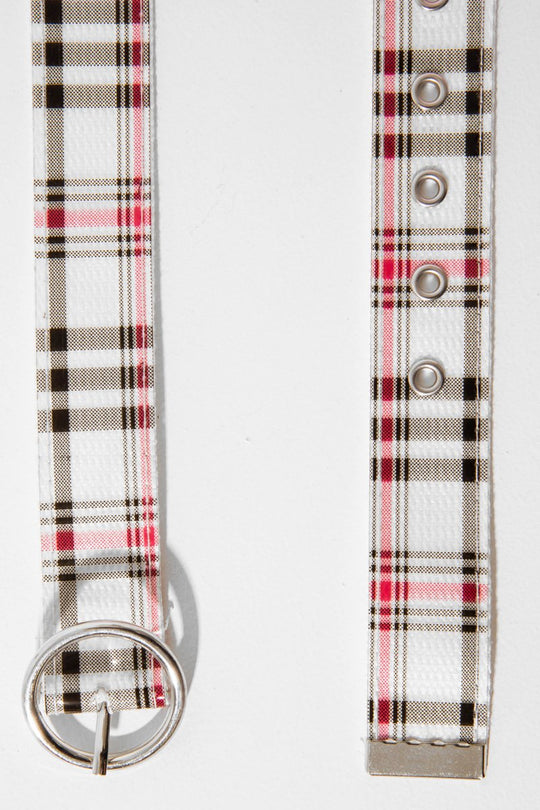 White Pink Check Woven Circle Buckle Belt - Luisa