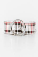 White Pink Check Woven Circle Buckle Belt - Luisa