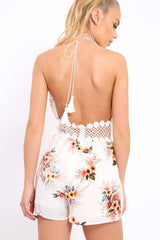 White Floral Crochet Plunge Playsuit - Unice