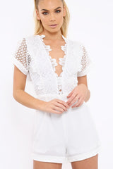 White Crochet V Neck Playsuit - Tarlia