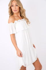 White Crinkle Bardot Ruffle Trim Dress - Kelsey