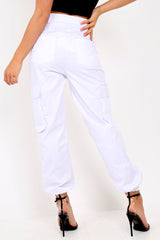 White Pocket High Waist Cargo Cuffed Trousers - Galya