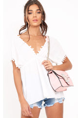 White Pom Pom Trim Plunge Top - Raaya