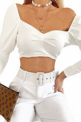 White Puff Sleeve Sweetheart Neckline Crop Top - Tomi
