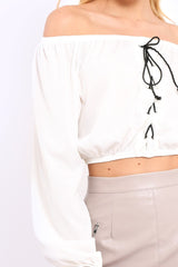 Cream Ribbed Lace Up Bardot Crop Top - Sara