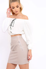 Cream Ribbed Lace Up Bardot Crop Top - Sara
