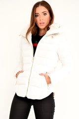 White Fur Lined Ring Pull Puffer Coat - Riko