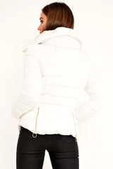 White Fur Lined Ring Pull Puffer Coat - Riko