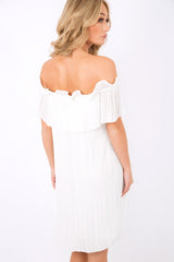 White Crinkle Bardot Ruffle Trim Dress - Kelsey