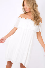 White Crinkle Bardot Ruffle Trim Dress - Kelsey