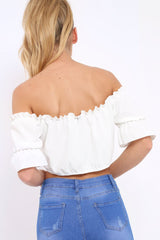 Cream Hook And Eye Bardot Frill Crop Top - Reanna