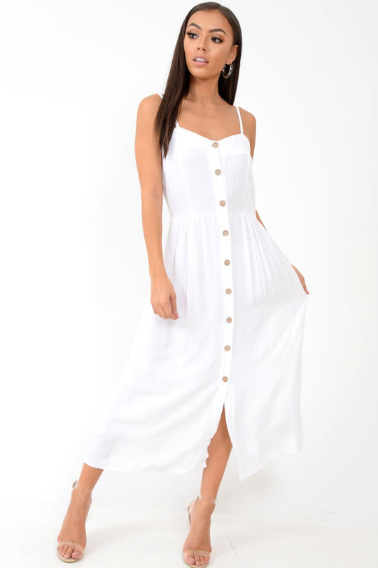 White Strappy Button Down Midi Dress - Shaelee
