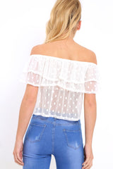 White Sheer Mesh Bardot Frill Top - Aileen