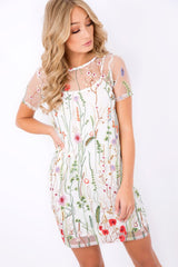 White Floral Sheer Shift Dress - Crystal