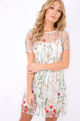 White Floral Sheer Shift Dress - Crystal