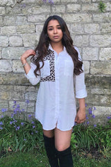 White Leopard Print Insert Button Down Shirt - Shelby