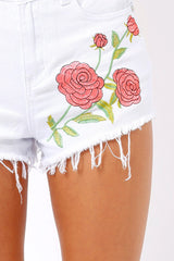 White Denim Frayed Ripped Applique Shorts - Rayleigh
