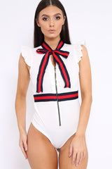 White Sleeveless Frill Stripe Bodysuit - Laili