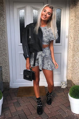 White Leopard Frill Crop Top And Shorts Co-Ord - Manuella