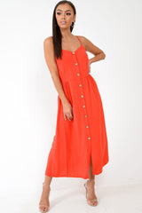 Red Strappy Button Down Midi Dress - Shaelee