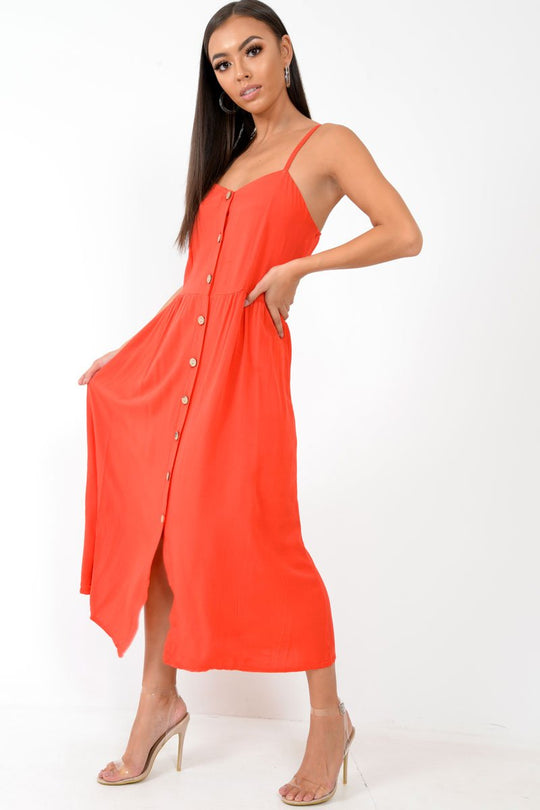 Red Strappy Button Down Midi Dress - Shaelee