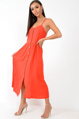 Red Strappy Button Down Midi Dress - Shaelee