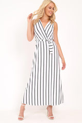 White Black Stripe Plunge Wrap Maxi - Skyelin