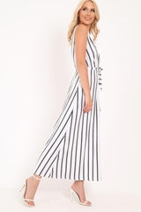 White Black Stripe Plunge Wrap Maxi - Skyelin