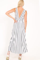 White Black Stripe Plunge Wrap Maxi - Skyelin