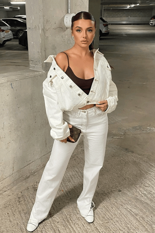 White Contrast Stitch Denim Straight Leg Side Split Jeans - Tashi