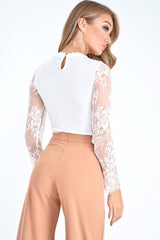 White Lace Mesh Insert Plunge Bodysuit - Taylen