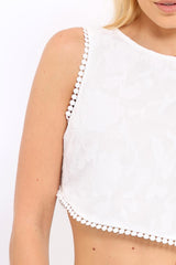 White Crochet Trim Tie Back Crop Top - Amber