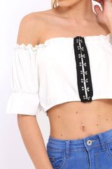 Cream Hook And Eye Bardot Frill Crop Top - Reanna