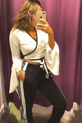 White Contrast Trim Tie Front Crop Top - Jaxy