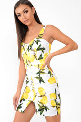 White Lemon Print Button Front Woven Mini Dress - Emillie