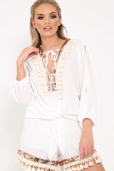White And Gold Embellished Kaftan Top And Shorts Co- Ord -Sylviana