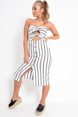 White Black Stripe Bandeau Tie Front Midi Dress - Lodema