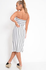 White Black Stripe Bandeau Tie Front Midi Dress - Lodema