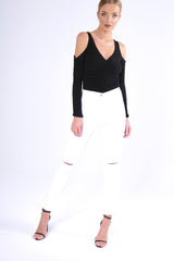 White High Waisted Ripped Knee Jeans - Camisha