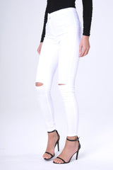 White High Waisted Ripped Knee Jeans - Camisha