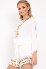 White And Gold Embellished Kaftan Top And Shorts Co- Ord -Sylviana