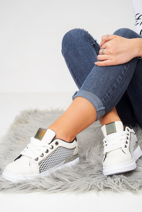 White Net Chunky Sole Lace Up Trainers - Shanae