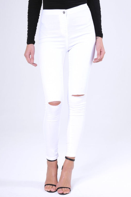 White High Waisted Ripped Knee Jeans - Camisha