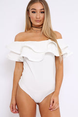 White Bardot Extreme Frill Bodysuit - Diandra