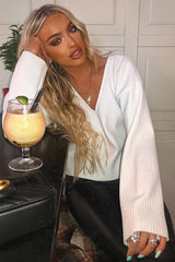 White Chunky Rib V-Neck Jumper - Evalise