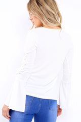 White Bell Sleeved Top with Lace up Detail - Fate